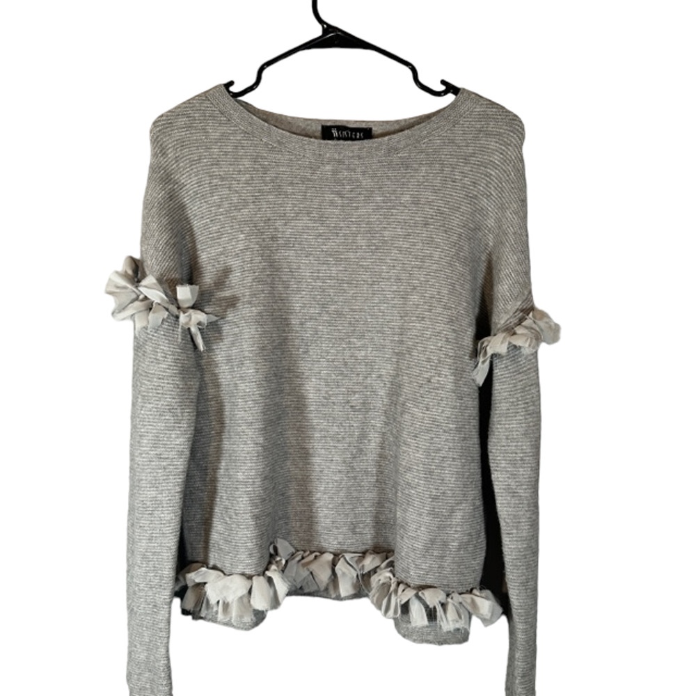 Sisters Gray Bow Detail Long Sleeve Knit Pullover Cozy Sweater Women Sz S
